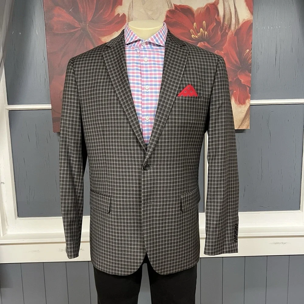 Egara‎ Blazer Jacket Sport Coat Mens 44R Slim Fit Wool Brown/Gray Gingham